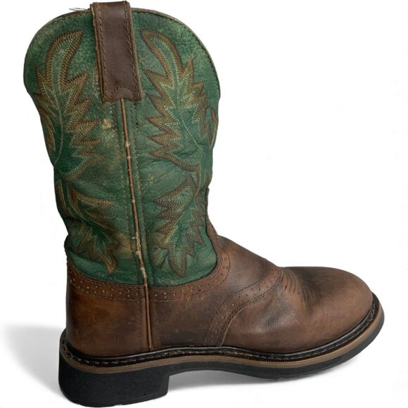 Justin Leather Western Cowboy Green Brown Boots Men's 7.5 D - Picture 6 of 13